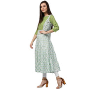 White & green printed 3/4th sleeve cotton Anarkali kurta