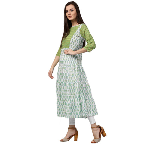 White & green printed 3/4th sleeve cotton Anarkali kurta