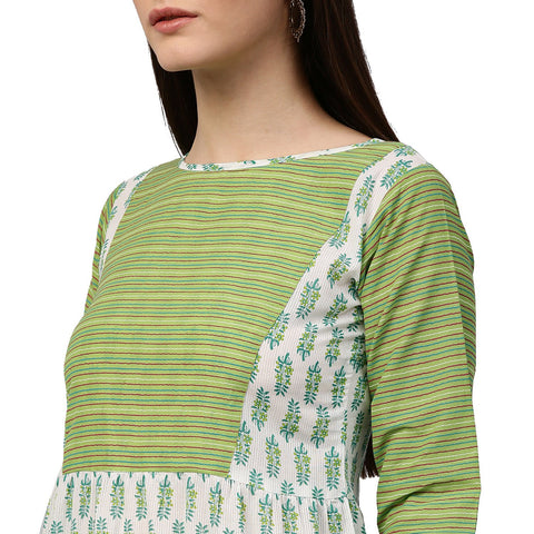 White & green printed 3/4th sleeve cotton Anarkali kurta