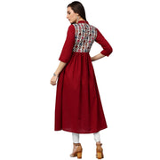 Maroon 3/4th sleeve cotton Anarkali kurta with printed yoke