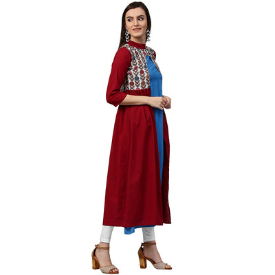 Maroon 3/4th sleeve cotton Anarkali kurta with printed yoke