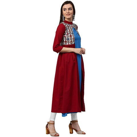 Maroon 3/4th sleeve cotton Anarkali kurta with printed yoke