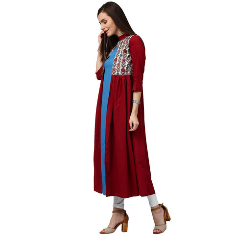 Maroon 3/4th sleeve cotton Anarkali kurta with printed yoke