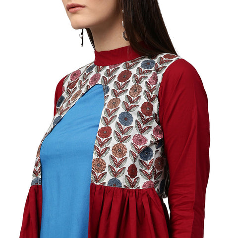 Maroon 3/4th sleeve cotton Anarkali kurta with printed yoke