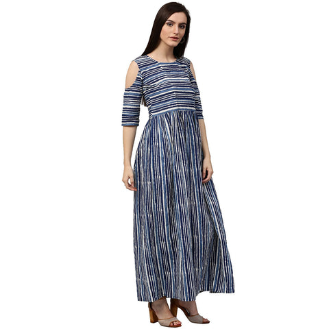 Blue printed 3/4th Sleeve cold shoulder Cotton Anarkali kurta