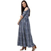 Blue printed 3/4th Sleeve cold shoulder Cotton Anarkali kurta