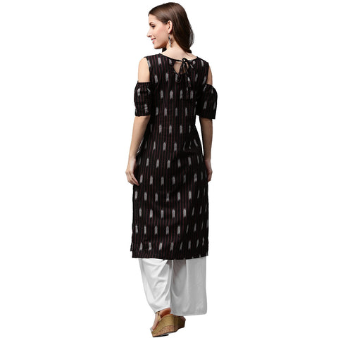 Black printed half sleeve cold shoulder kurta