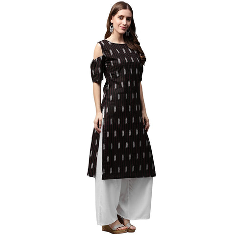 Black printed half sleeve cold shoulder kurta