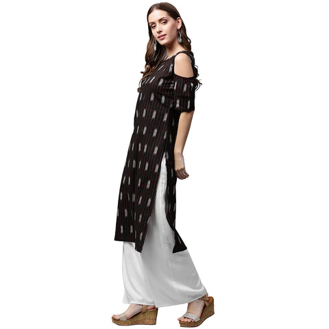 Black printed half sleeve cold shoulder kurta