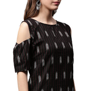 Black printed half sleeve cold shoulder kurta