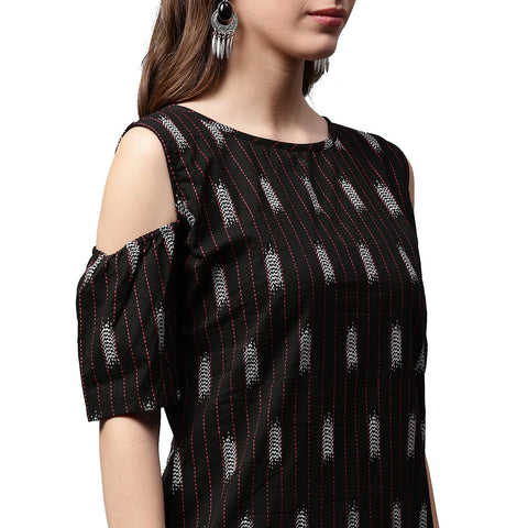 Black printed half sleeve cold shoulder kurta