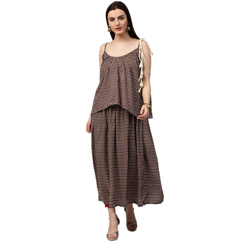 Coffee brown printed sleeveless cotton Anarkali kurta