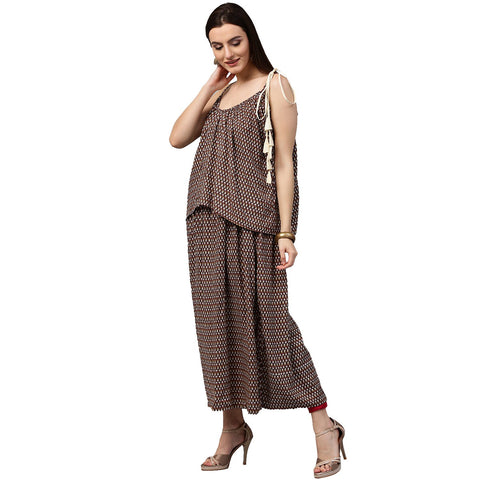 Coffee brown printed sleeveless cotton Anarkali kurta