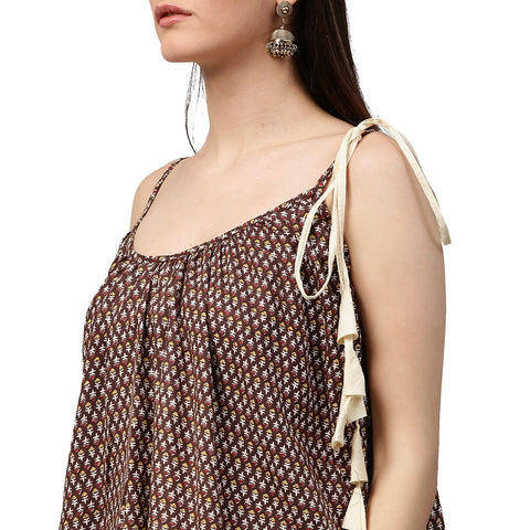 Coffee brown printed sleeveless cotton Anarkali kurta