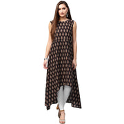 Black printed sleeveless cotton A-line kurta