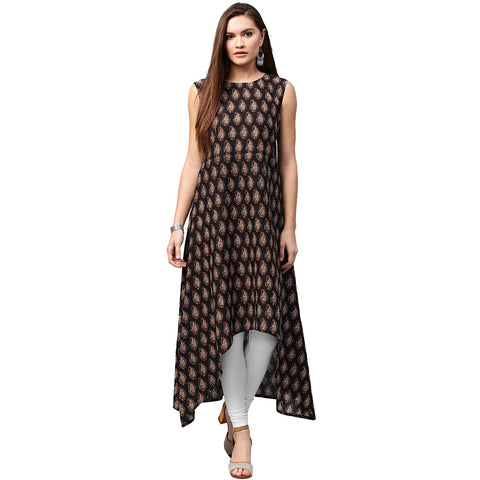 Black printed sleeveless cotton A-line kurta