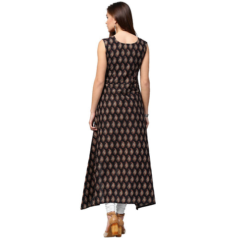 Black printed sleeveless cotton A-line kurta