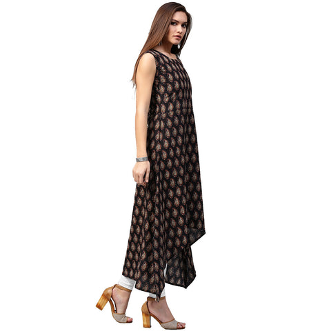 Black printed sleeveless cotton A-line kurta