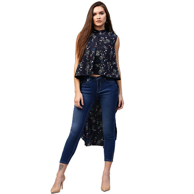 Navy Blue printed Sleeveless crepe Low High tunics