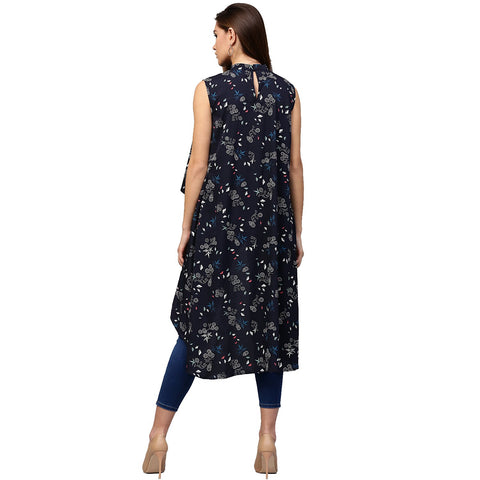 Navy Blue printed Sleeveless crepe Low High tunics