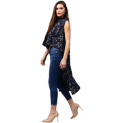 Navy Blue printed Sleeveless crepe Low High tunics