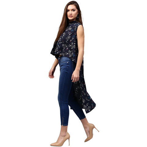 Navy Blue printed Sleeveless crepe Low High tunics