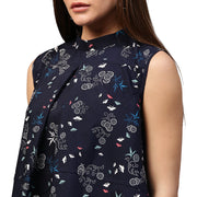 Navy Blue printed Sleeveless crepe Low High tunics