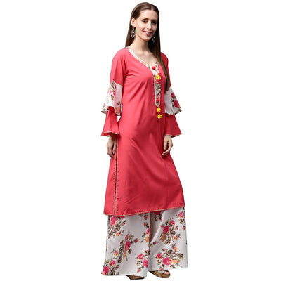 Red 3/4th sleeve crepe kurta with tussel work at yoke with white printed palazzo