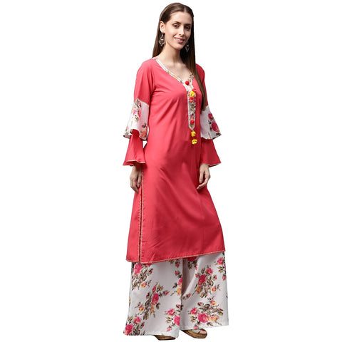 Red 3/4th sleeve crepe kurta with tussel work at yoke with white printed palazzo