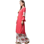 Red 3/4th sleeve crepe kurta with tussel work at yoke with white printed palazzo