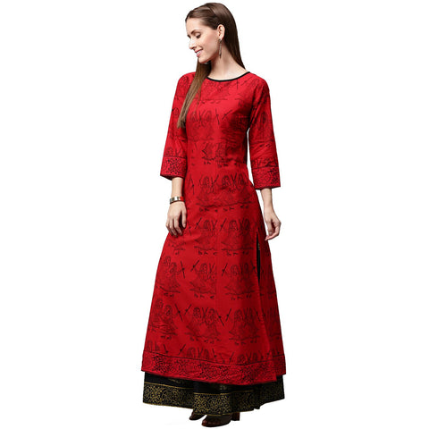 Red printed 3/4th sleeve cotton kurta with green printed Palazzos