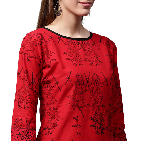 Red printed 3/4th sleeve cotton kurta with green printed Palazzos