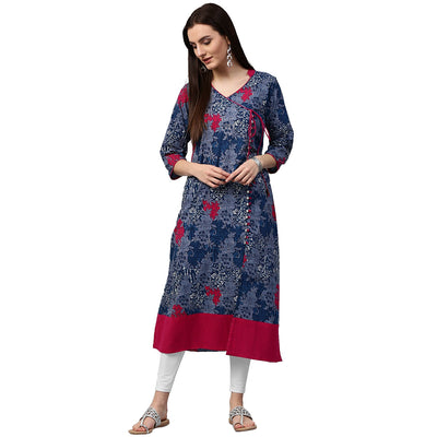Blue printed 3/4th sleeve cotton A-line kurta
