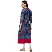 Blue printed 3/4th sleeve cotton A-line kurta