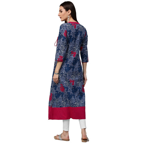 Blue printed 3/4th sleeve cotton A-line kurta