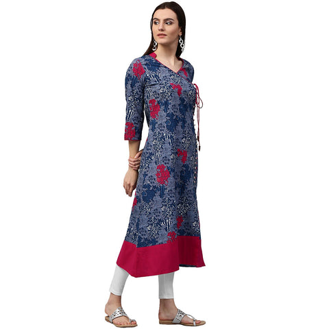 Blue printed 3/4th sleeve cotton A-line kurta