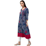 Blue printed 3/4th sleeve cotton A-line kurta