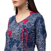 Blue printed 3/4th sleeve cotton A-line kurta