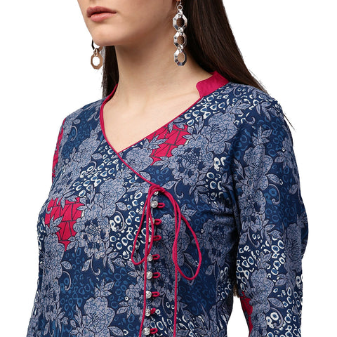 Blue printed 3/4th sleeve cotton A-line kurta