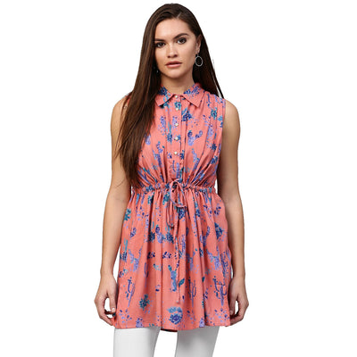 Peach printed sleeveless Rayon A-line tunic