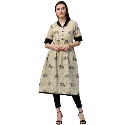White cycle printed half sleeve Cotton Anarkali kurta