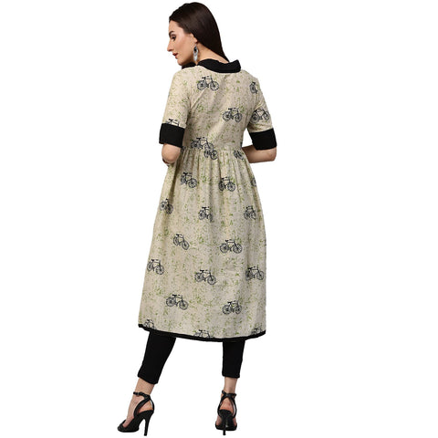 White cycle printed half sleeve Cotton Anarkali kurta
