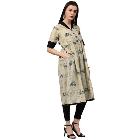 White cycle printed half sleeve Cotton Anarkali kurta