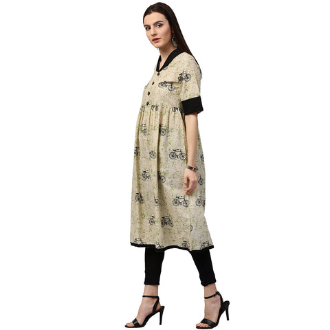 White cycle printed half sleeve Cotton Anarkali kurta