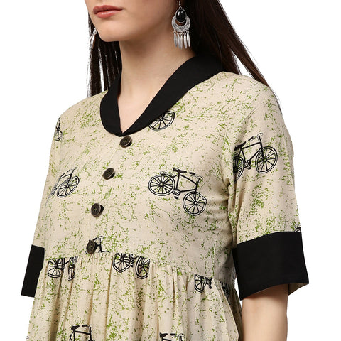 White cycle printed half sleeve Cotton Anarkali kurta