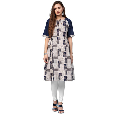 White printed half sleeve cotton A-line kurta with Dori work at neck
