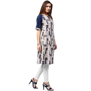 White printed half sleeve cotton A-line kurta with Dori work at neck
