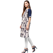 White printed half sleeve cotton A-line kurta with Dori work at neck