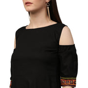 Black 3/4th sleeve cold shoulder cotton floor length Anarkali kurta