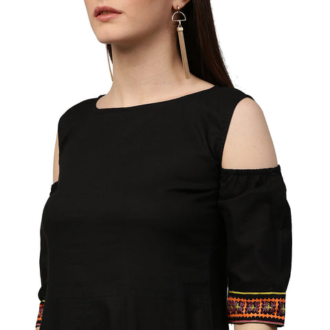 Black 3/4th sleeve cold shoulder cotton floor length Anarkali kurta